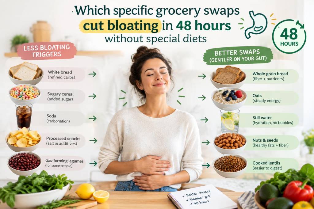 Which specific grocery swaps cut bloating in 48 hours without special diets?