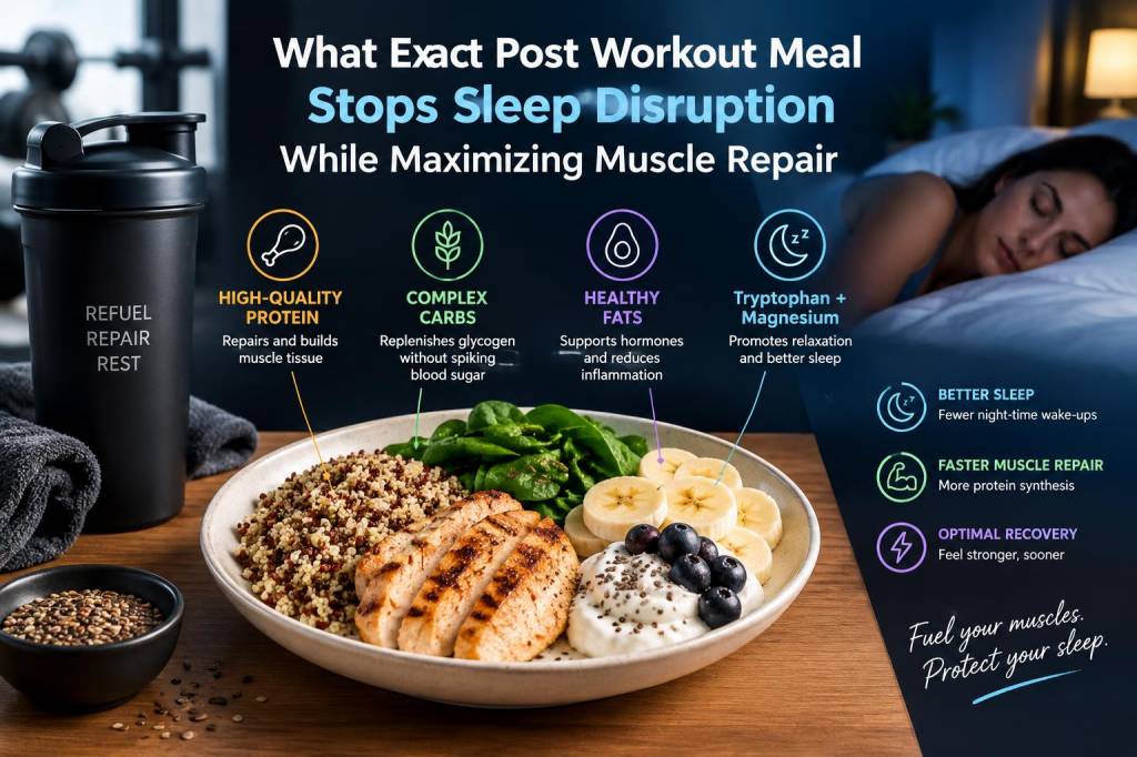 What exact post-workout meal stops sleep disruption while maximizing muscle repair?